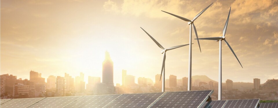 Ilustrasi jaringan listrik tiga turbin angin dan panel surya milik Hitachi ABB Power Grids. ( Foto: Istimewa )