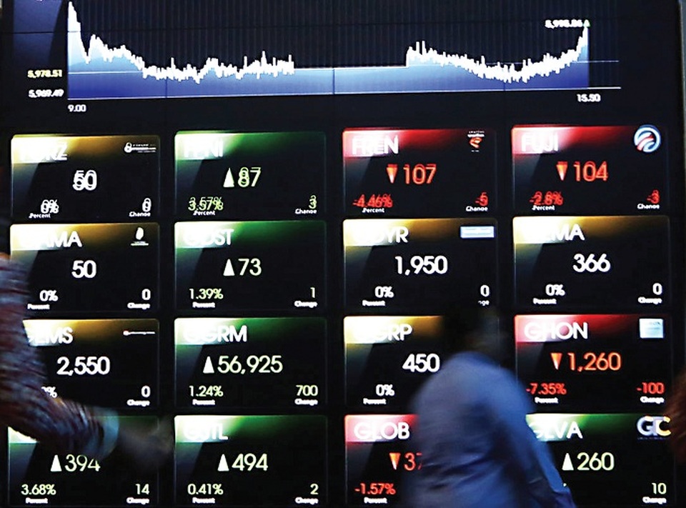 Karyawan melintas di depan monitor pergerakan harga saham di main hall Bursa Efek Indonesia, Jakarta. Foto ilustrasi:  Beritasatu Photo/Uthan