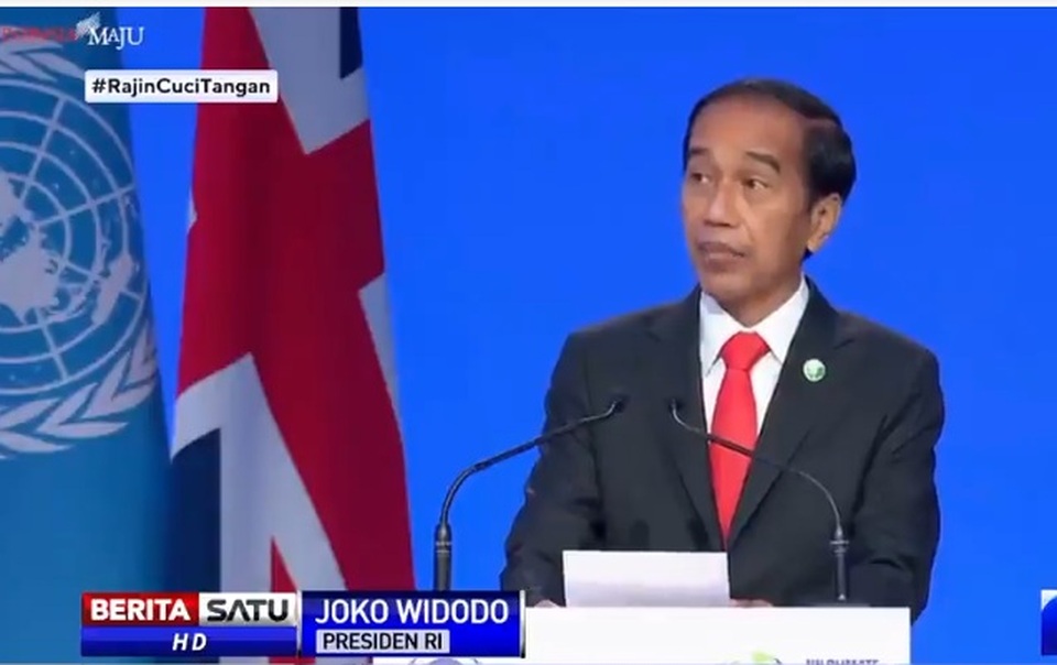 Presiden Joko Widodo memberikan pernyataan di KTT Perubahan Iklim COP26 di Glasgow, Senin (1/11/2021) waktu setempat. Sumber: BSTV