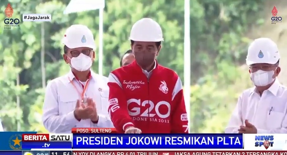 Presiden Jokowi meresmikan PLTA peaker berkapasitas total 515 MW yang dikelola  PT Poso Energy dan PLTA Malea Energy 90 MW di  Kabupaten Poso, Provinsi Sulawesi Tengah, Jumat (25/2/2022). Sumber: BSTV 