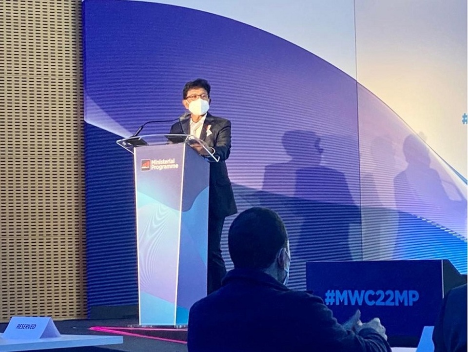 Menkominfo Johnny G Plate dalam GSMA Ministerial Programme Strategies for Energising the Data Economy, di Barcelona, Spanyol, Selasa, 1 Maret 2022. Foto: Istimewa
