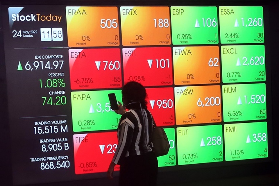 Pengunjung memotret menggunakan ponsel layar elektronik yang menampilkan pergerakan harga saham di Bursa Efek Indonesia (BEI) di Jakarta. (BeritaSatu Photo/Mohammad Defrizal)