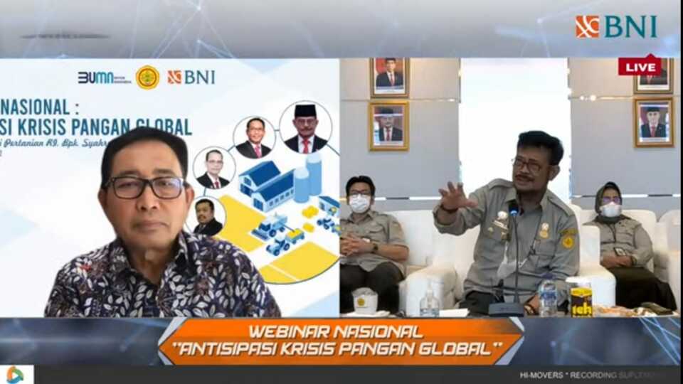 Menteri Pertanian Syahrul Yasin Limpo dan Direktur Hubungan Kelembagaan BNI Sis Apik Wijayanto Webinar Nasional: Antisipasi Krisis Pangan Global BNI Corpu, Kamis (21/7/2022).