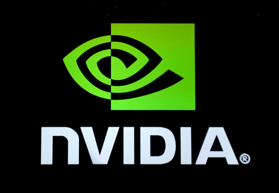 Logo produsen chip Nvidia corp. ( Foto: ETHAN MILLER / GETTY IMAGES NORTH AMERICA / AFP )