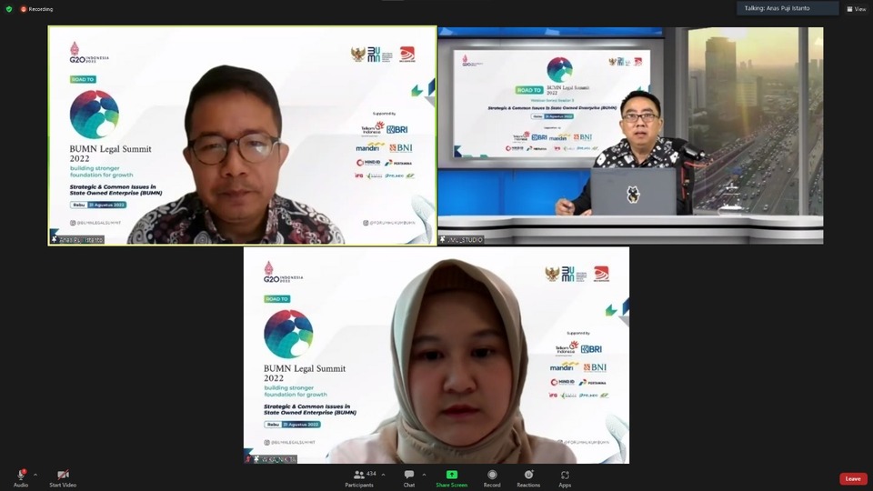 Webinar Road to BUMN Legal Summit 2022 bertajuk "Session II: Strategic & Common Issues in State Owned Enterprise (BUMN)" pada Rabu (07/09/2022).