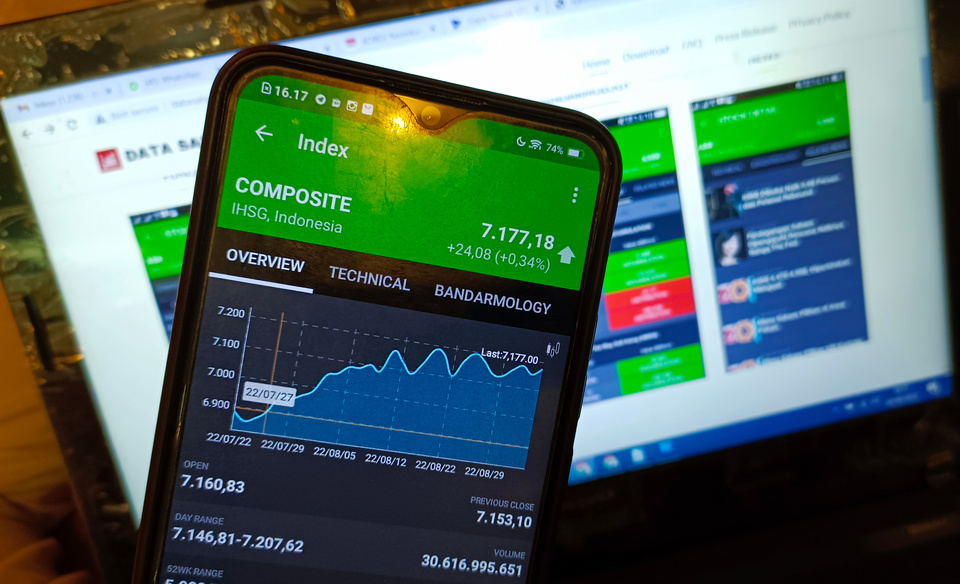 Investor melihat pergerakan saham menggunakan telepon seluler. (BeritaSatu Photo/Mohammad Defrizal)