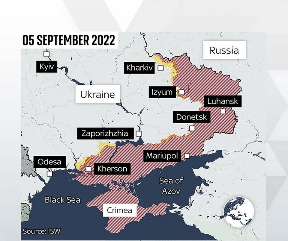 Peta ini menunjukkan berapa banyak posisi Ukraina dan Rusia di wilayah konflik per 5 September 2022. (Sumber: ISW)