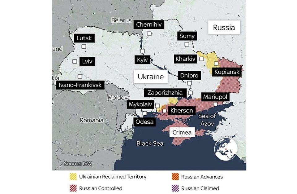 Peta dari Sky News ini menunjukkan gambar terbaru di Ukraina pada 17 Oktober 2022. (Foto: Sky News)
