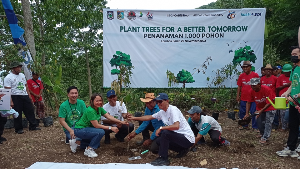 Kiri ke kanan: Kepala KCU BCA Cakranegara Indrawanto Sahama, Executive Vice President Corporate Communication & Social Responsibility BCA Hera F Haryn, Bupati Lombok Barat  H Fauzan Khalid SAg, MSi, dan Kepala Dinas Lingkungan Hidup dan Kehutanan Pemerintah Provinsi NTB Julmansyah, menanam 1.000 pohon durian di Gunung Sasak, Lombok Barat, Nusa Tenggara Barat, Selasa (29/11/2022).