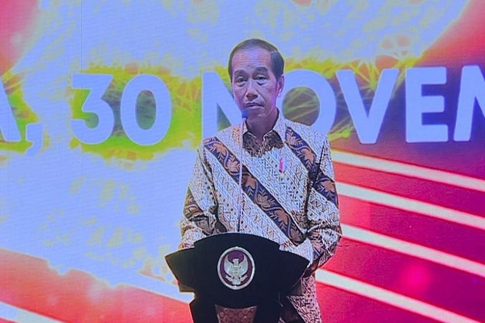 Presiden Jokowi saat memberikan sambutan pada acara Pertemuan Tahunan Bank Indonesia (PTBI) 2022 yang digelar secara hybrid di Jakarta, Rabu (30/11/2022). (Foto: Primus Dorimulu)
