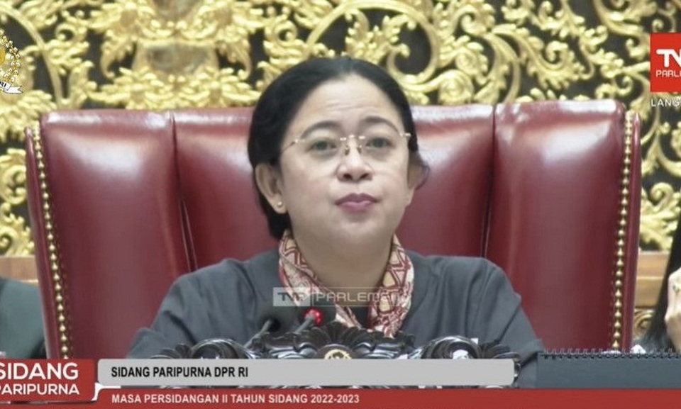 Tangkapan layar Ketua DPR RI Puan Maharani dalam Rapat Paripurna DPR RI Ke-13 Masa Persidangan II Tahun Sidang 2022 dan 2024 di Jakarta, Kamis (15/12/2022). (ANTARA/AstridFaidlatulHabibah)