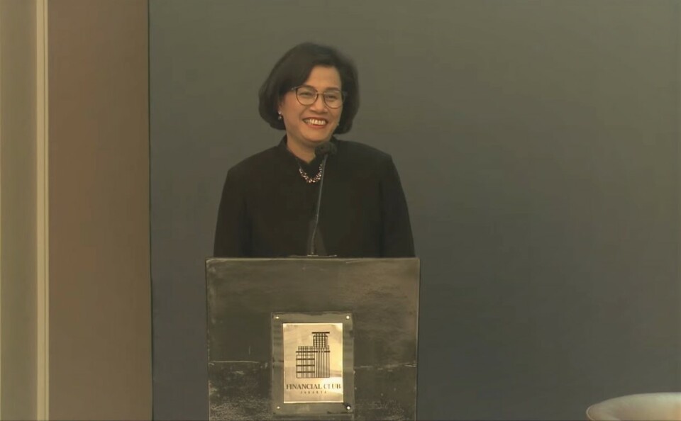 Caption Foto: Menteri Keuangan Sri Mulyani Indrawati dalam CEO Banking Forum pada Senin (09/01/2023). (Investor Daily/ Arnoldus Kristianus)