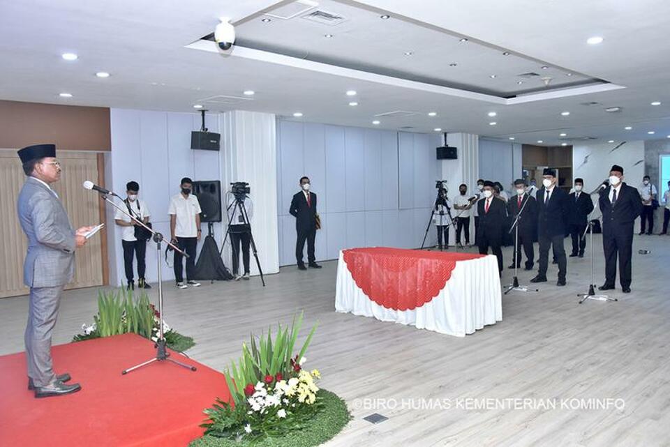 Menkominfo Johnny G Plate melantik 6 Pejabat Pimpinan Tinggi Pratama di Kantor Kemenkominfo, Jakarta Pusat, Senin (09/01/2023).