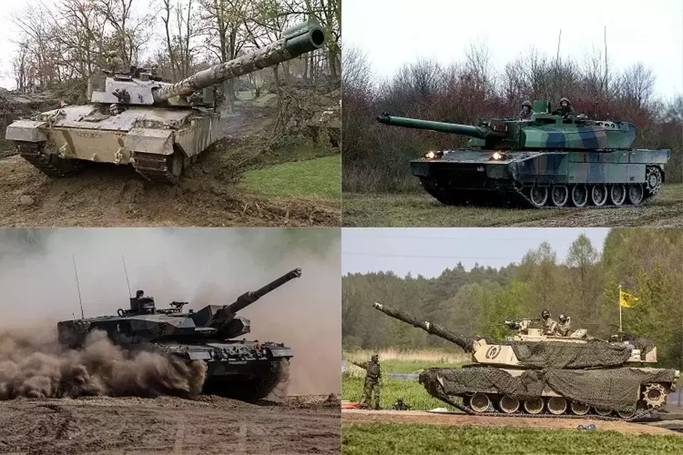 Kombinasi file foto yang dibuat pada 25 Januari 2023 ini menunjukkan (KIRI ATAS/ KANAN BAWAH): Tank Challenger Inggris dari brigade lapis baja kerajaan keempat memegang posisi dekat bandara Skopje pada 27 Maret 1999. Tank Leclerc Prancis dari Tank ke-501 Resimen yang berbasis di Mourmelon-le-Grand, mengambil bagian dalam latihan di lapangan tembak di Suippes, Prancis timur laut, pada 6 Desember 2018. Tank Leopard Jerman Polandia bermanuver saat pasukan dari Polandia, Amerika Serikat (AS), Prancis, dan Swedia ambil bagian dalam latihan militer DEFENDER-Eropa 22 di Nowogard, Polandia pada 19 Mei 2022. Tank Abrams AS dipandu ke posisinya saat pasukan dari Polandia, AS, Prancis, dan Swedia mengambil bagian dalam latihan militer DEFENDER-Eropa 22 di Nowogrod, Polandia pada 19 Mei 2022. (Foto: FRANCOIS NASCIMBENI, Eric Feferberg, Wojtek RADWANSKI / AFP)