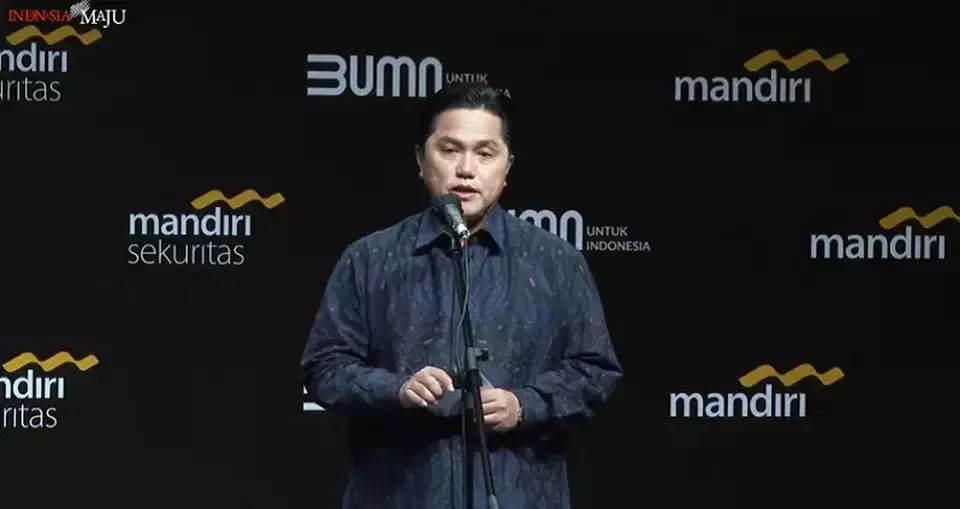 Menteri BUMN Erick Thohir saat membuka Mandiri Investment Forum (MIF) ke-12 di Jakarta, Rabu (1/2/2023).
