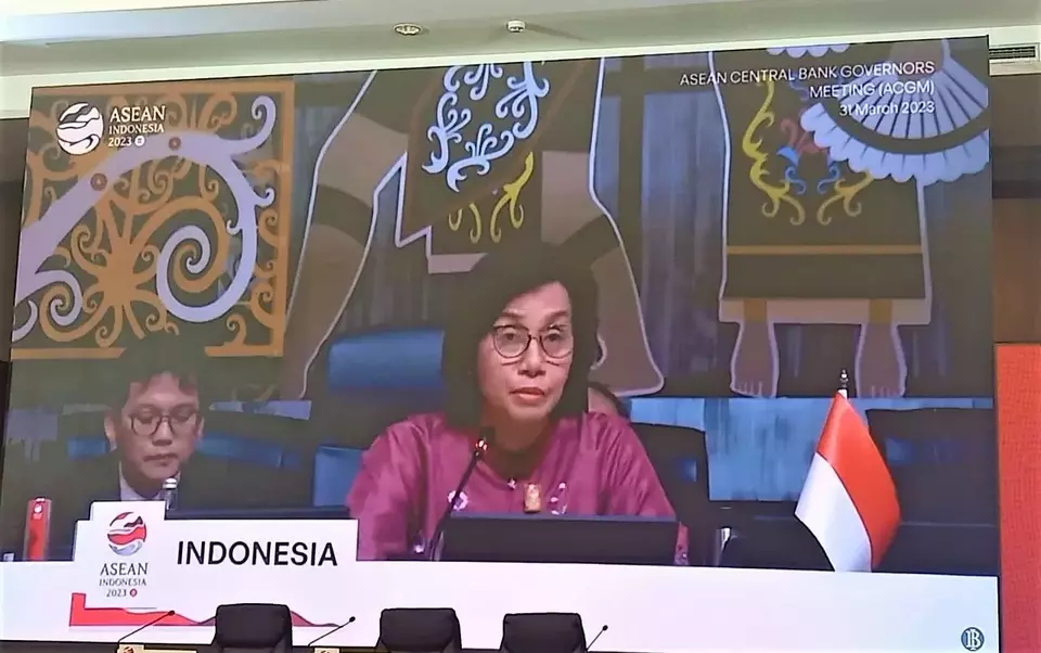 Menteri Keuangan Sri Mulyani Indrawati dalam pembukaan ASEAN Finance Ministers and Central Bank Governors (AFMGM) 2023 di Bali Nusa Dua Convention Center pada Jumat (31/3/2023). (Investor Daily/Arnoldus Kristianus)