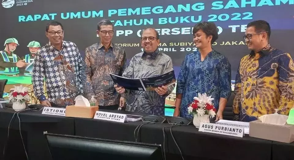 Rapat Umum Pemegang Saham Tahunan (RUPST) PT PP Tbk (PTPP) di Jakarta, Rabu (12/4/2023).