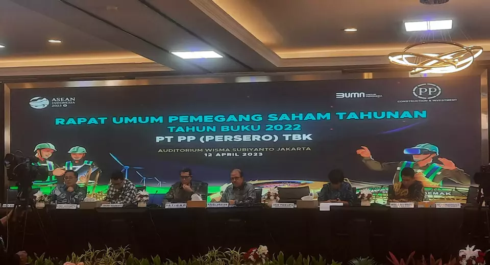 Rapat Umum Pemegang Saham Tahunan (RUPST) PT PP Tbk (PTPP) di Jakarta, Rabu (12/4/2023).