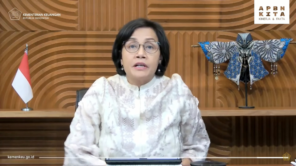 Menteri Keuangan Sri Mulyani Indrawati dalam konferensi pers APBN Kinerja dan Fakta yang berlangsung secara virtual pada Senin (22/5/2023). (Investor Daily/Arnoldus Kristianus)