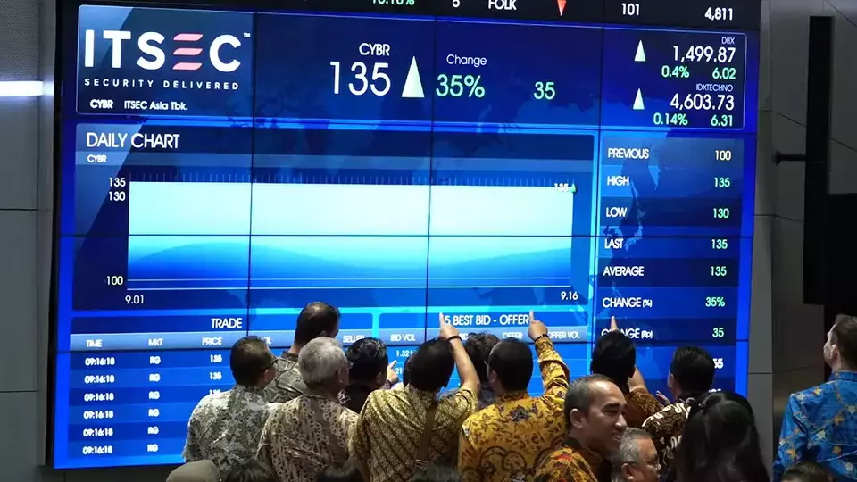 Seremoni pencatatan perdana saham PT ITSEC Asia Tbk (CYBR) pada Selasa, 8 Agustus 2023. Ist