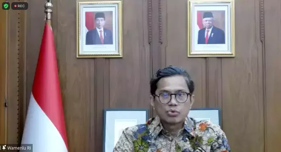 Wakil Menteri Luar Negeri (Wamenlu) Pahala Mansury memberikan konferensi pers terkait Asean Indo-Pacific Forum secara daring, Jumat (18/8/2023).