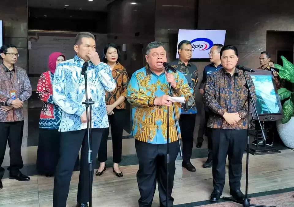 Konferensi pers penandatanganan MoU antara Kementerian BUMN dan BPKP di Kantor BPKP di Jakarta, pada Senin (4/3/2024).