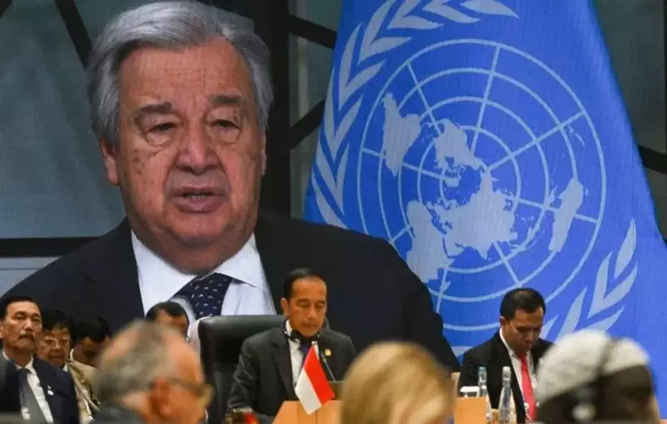 Rekaman Sekretaris Jenderal Perserikatan Bangsa-Bangsa (Sekjen PBB) Antonio Guterres menyampaikan pandangannya dalam KTT World Water Forum ke-10 2024 di Nusa Dua, Badung, Bali pada Senin (20/5/2024). (Foto: ANTARA FOTO/Media Center World Water Forum 2024/Aditya Pradana Putra/pras)