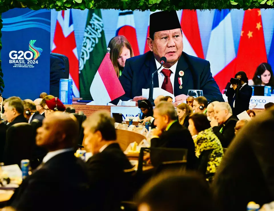 Presiden Prabowo Subianto menyampaikan pidato pada Sesi Pertama KTT G20 di Brasil, pada Senin (18/11/2024) waktu setempat. (Biro Pers Sekretariat Presiden/Laily Rachev)