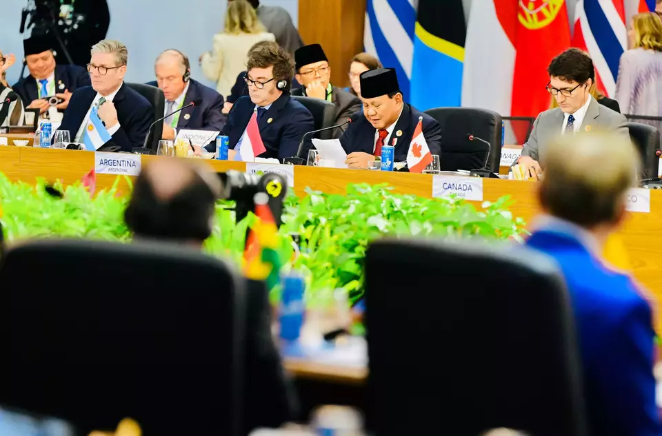 Presiden Prabowo Subianto saat menyampaikan pidato pada Sesi Pertama KTT G20 di Brasil, pada Senin (18/11/2024) waktu setempat. (Biro Pers Sekretariat Presiden/Laily Rachev)