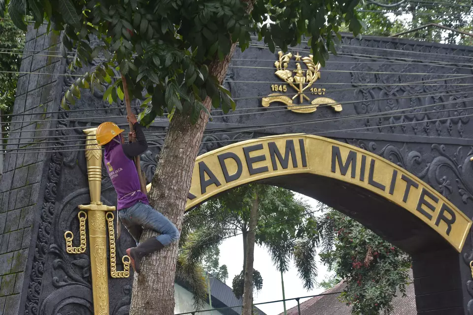 Pekerja memotong dahan di sekitar kompleks Akademi Militer (Akmil) Magelang, Jawa Tengah, Rabu (19/2/2025). (ANTARA FOTO/Anis Efizudin)