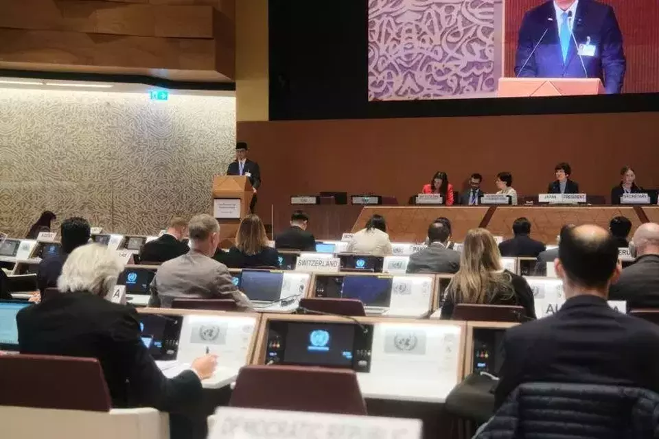 Menteri Luar Negeri RI Sugiono saat berbicara dalam Pertemuan Segmen Tingkat Tinggi (HLS) Dewan HAM PBB Sesi ke-58 di Jenewa, Swiss pada Senin (24/2/2025). (Foto: ANTARA/HO-Kemlu RI)