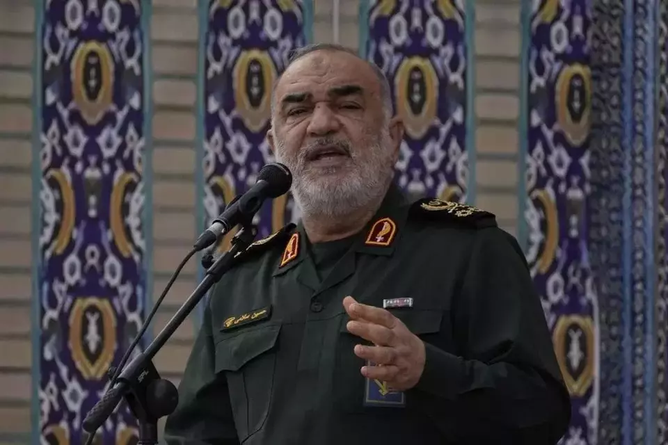 Kepala Garda Revolusi Iran Jenderal Hossein Salami di Teheran, Iran, Kamis (15/6/2025). (Foto: AP/ Vahid Salemi)