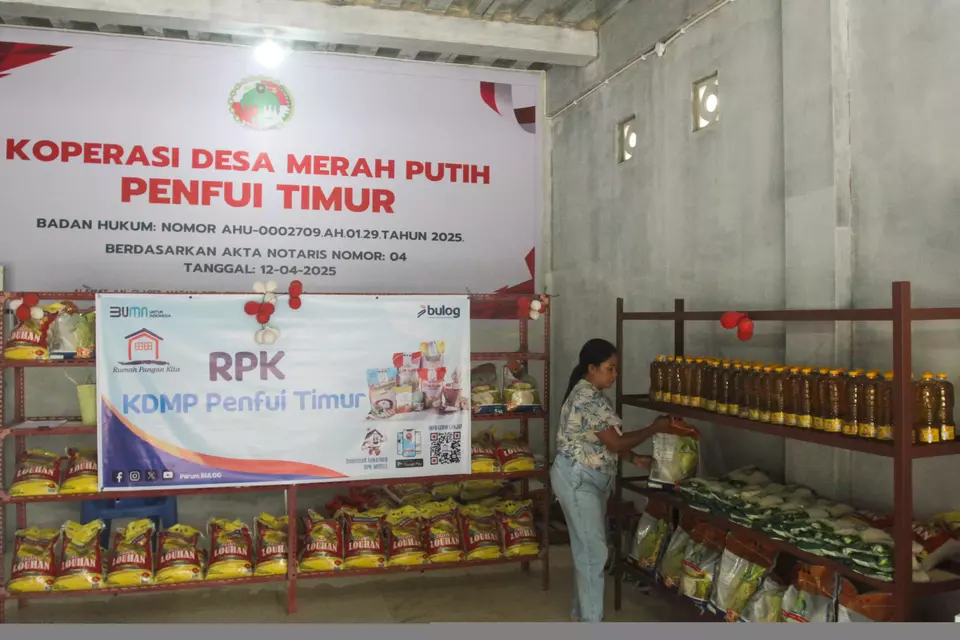 Penjual merapikan beras yang dijual di Koperasi Desa Penfui Timur, Kabupaten Kupang, Nusa Tenggara Timur, Jumat (4/7/2025). Koperasi Desa Merah Putih tersebut memiliki enam unit usaha yakni mulai dari penyediaan sembako, klinik desa, apotek, gudang sembako hingga layanan logistik untuk mendukung kesejahteraan sekaligus ekonomi masyarakat desa di wilayah itu. (ANTARA FOTO/Mega Tokan)
