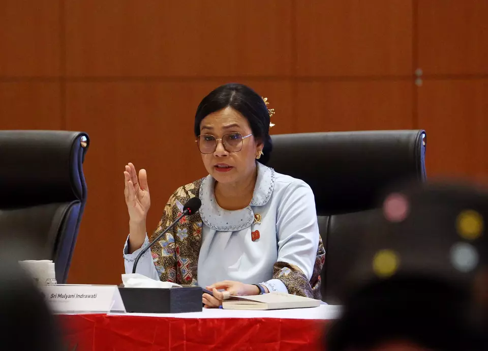 Menteri Keuangan Sri Mulyani dalam konferensi pers RAPBN dan Nota Keuangan Tahun Anggaran 2026 di Jakarta, Jumat (15/8/2025). (B-Universe Photo/Joanito De Saojoao)