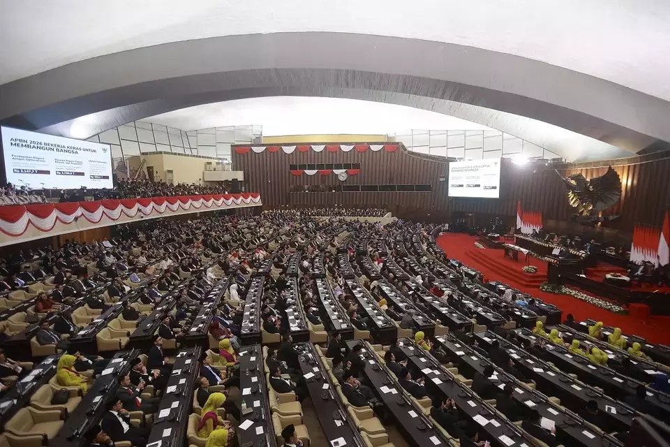 Suasana saat Presiden Prabowo Subianto menyampaikan pidato kenegaraan dalam rangka Penyampaian Pengantar/ Keterangan Pemerintah atas RUU tentang APBN Tahun Anggaran MPR 2026 beserta Nota Keuangannya di Gedung Nusantara, Kompleks Parlemen, Jakarta, Jumat (15/8/2025). (Foto: ANTARAFOTO/Dhemas Reviyanto/sgd/YU)
