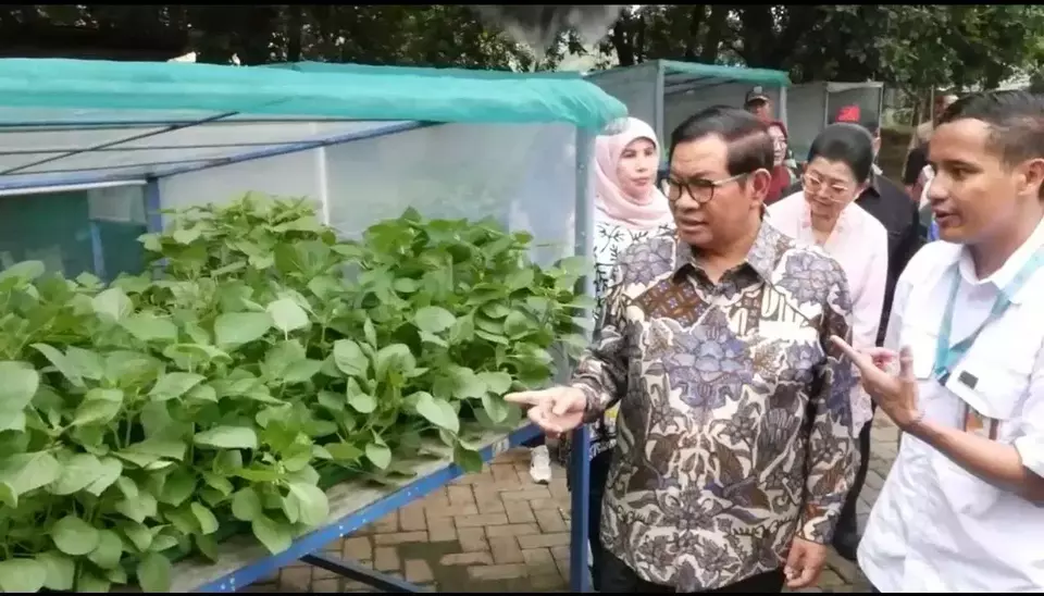 Gubernur DKI Jakarta Pramono Anung saat meninjau pertanian vertikal Ladang Farm di Cilandak, Jakarta Selatan, Kamis (18/9/2025). 
