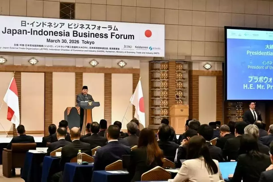 Presiden Republik Indonesia Prabowo Subianto menghadiri Forum Bisnis Indonesia-Jepang yang digelar di Imperial Hotel Tokyo pada Senin (30/3/2026). (Foto: BPMI Setpres/Laily Rachev)