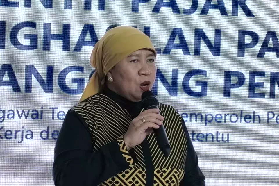 Direktur Penyuluhan, Pelayanan, dan Hubungan Masyarakat DJP, Inge Diana Rismawanti dalam Media Gathering Kemenkeu di Nganjuk, Jawa Timur, Kamis (16/4/2026). (B-Universe Photo/Akmalal Hamdhi)