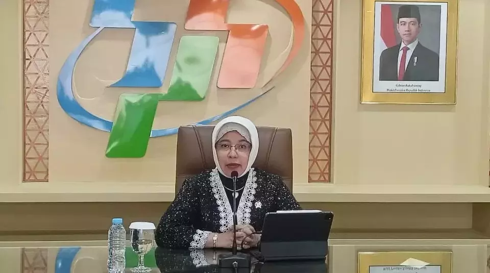 Kepala Badan Pusat Statistik (BPS), Amalia Adininggar Widyasanti dalam konferensi pers secara hibrida di Gedung BPS pada Selasa (5/5/2026). (Investor Daily/Arnoldus Kristianus)