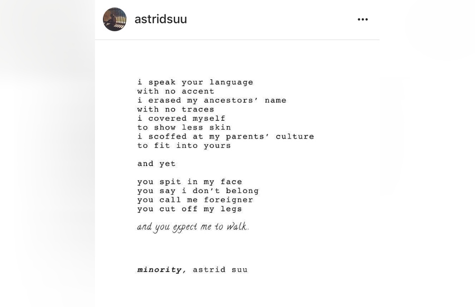 Astrid Suu's Poem on being a Minority (Photo taken from Instagram)