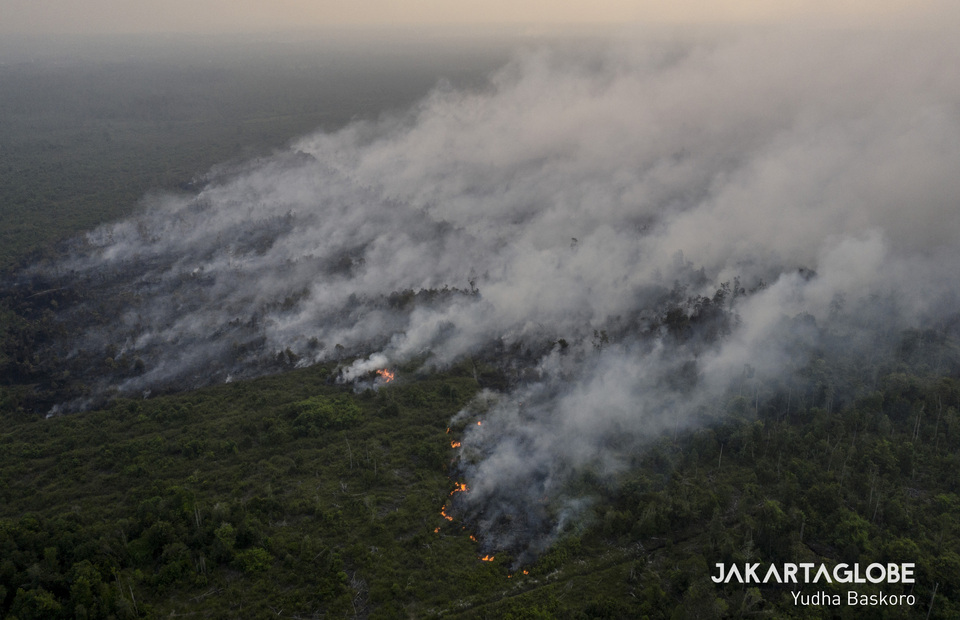 Aerial view of hotspots during forest fires at Petuk Katimpun, Jekan Raya near Palangka Raya in Central Kalimantan on Sep. 29, 2019. (JG Photo/Yudha Baskoro)