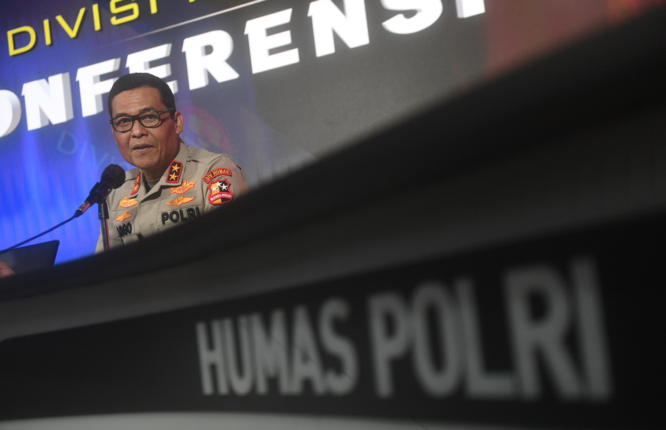 Insp. Gen Argo Yuwono, the National Police's spokesman, speaks during a press conference on March 28, 2021. (Antara Photo/Akbar Nugroho Gumay)