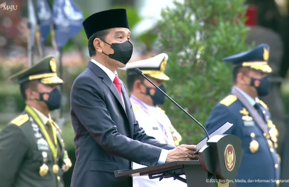 President Joko "Jokowi" Widodo delivers his speect at the TNI 76th Anniversary ceremony at the Merdeka Palace in Jakarta on October 5, 2021. (JG Screenshot)