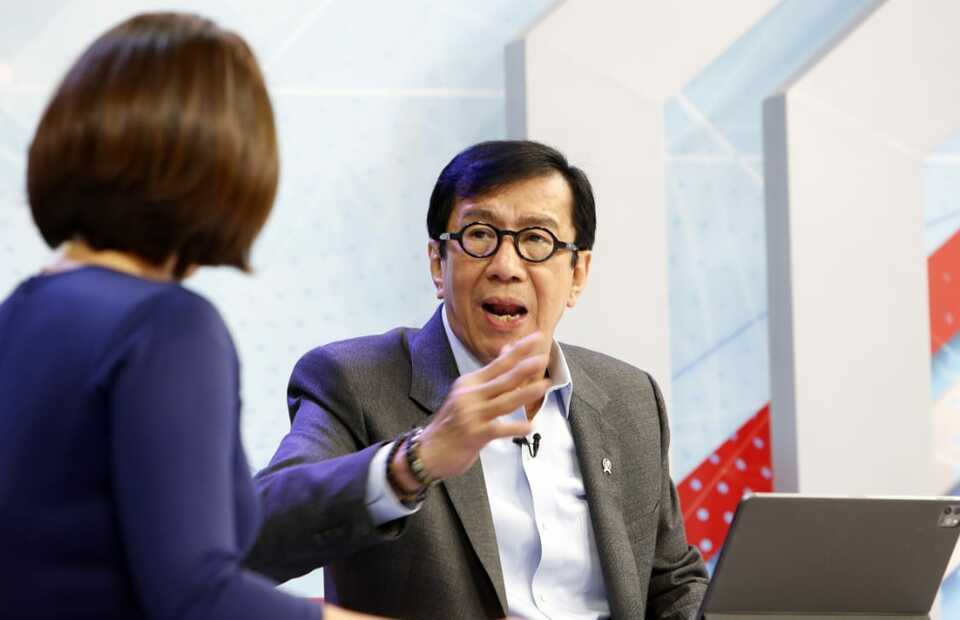 Justice Minister Yasonna Laoly, right, speaks during an interview at BTV studio in Jakarta on January 5, 2023. (B-Universe photo/Uthan A. Rachim)