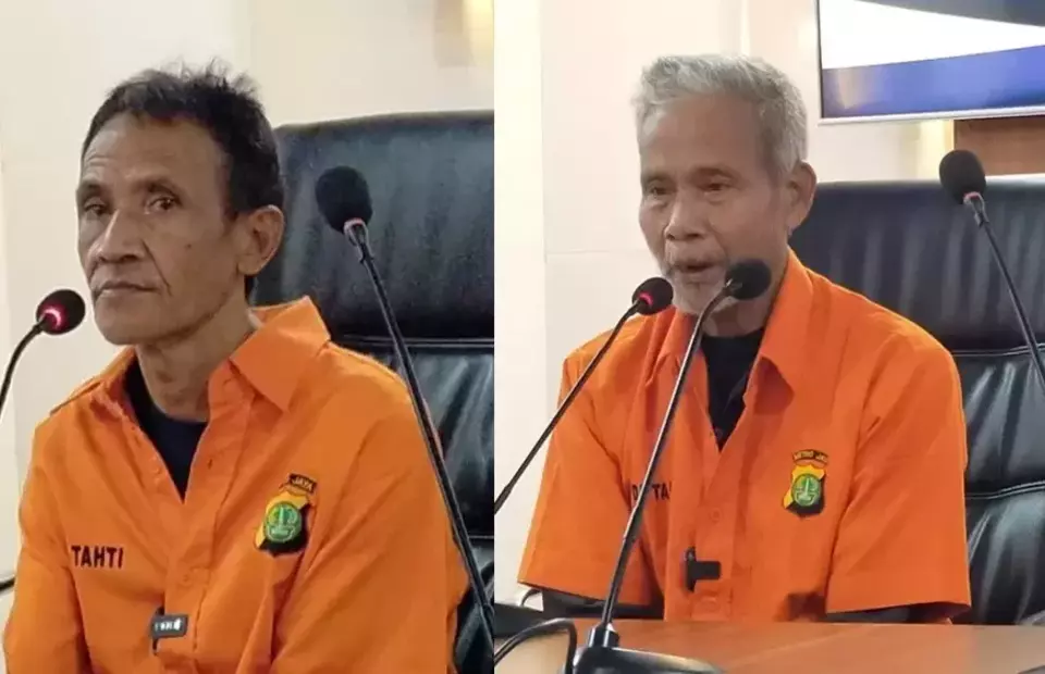 A photo montage of suspected serial killers Wowon Erawan, left, and Solihin aka Duloh, seen here during a news conference by the Jakarta Police on February 2, 2023. (B-Universe Photo)