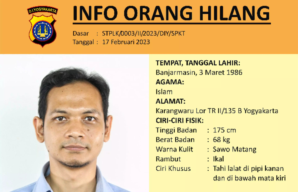 Yogyakarta Police issued a missing person poster for Ahmad Munasir Rafie Pratama, a lecturer at the Universitas Islam Indonesia (UII). (Photo Courtesy of Yogyakarta Police)