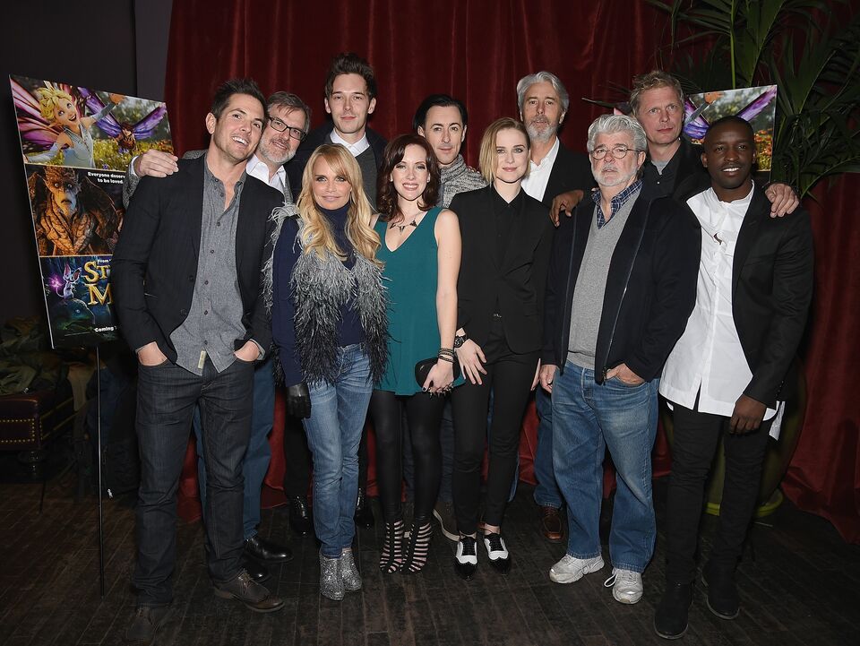 (left to right) Steven Gizicki, Gary Rydstrom, Kristin Chenoweth, Sam Palladio, Meredith Anne Bull, Evan Rachel Wood, Mark Miller, George Lucas, Marius de Vries and Elijah Kelley attend The New York Special Screening Of Lucasfilm's STRANGE MAGIC At The Tribeca Grand Hotel Hosted By The Cinema Society on January 17, 2015 in New York City.   (AFP Photo/Dimitrios Kambouris)