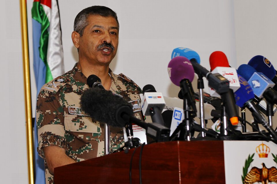 Gen. Mansour al Jbour, head of the Jordanian air force, speaks during a news conference at the King Abdullah II Special Operations Training Center (KASOTC) in Amman on Sunday. (Reuters Photo/Majed Jaber)