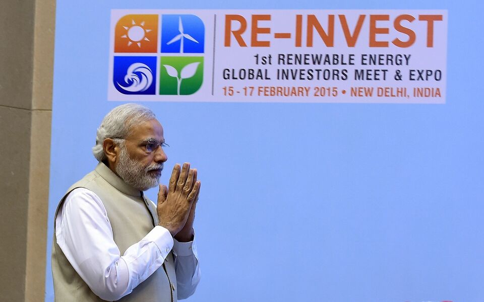 Indian Prime Minister Narendra Modi gestures as he arrives to open the first Renewable Energy Global Investors conference in New Delhi on February 15, 2015. Prime Minister Narendra Modi said February 15 his commitment to ramping up India