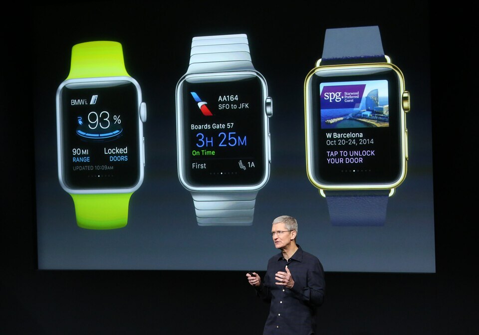Apple CEO Tim Cook stands in front of a screen displaying apps available for the Apple Watch at a presentation at Apple headquarters in Cupertino, California in this October 16, 2014, file photo. (Reuters Photo/Robert Galbraith)